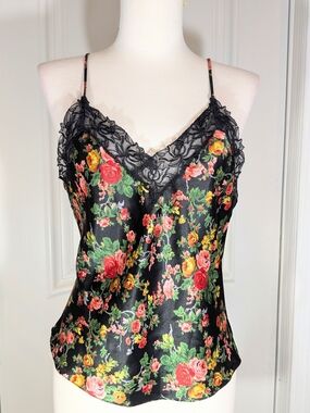 Victoria's Secret Black Floral Lace-Trim Satin Camisole